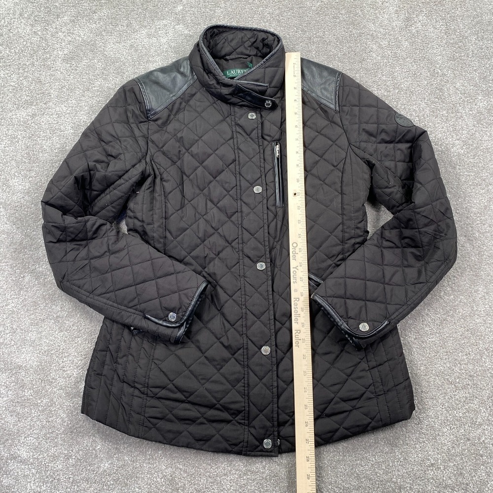 Lauren Ralph Lauren Quilted Jacket Women Size S Black Faux Leather Trim Snap - Picture 5 of 14